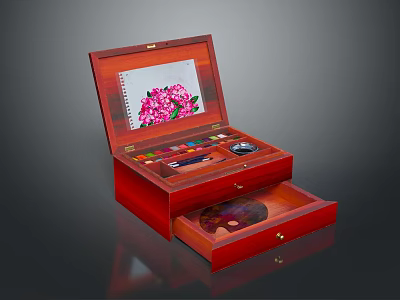 Open Red Wooden Jewelry Box With Drawer And Cosmetics Storage 3d model