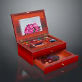 Open Red Wooden Jewelry Box With Drawer And Cosmetics Storage