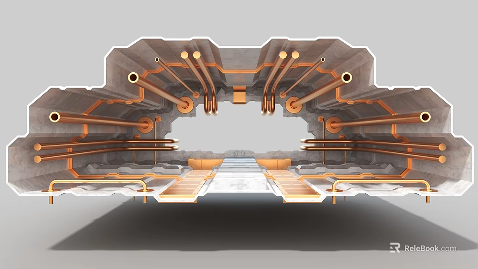 Industrial Equipment With Metal Pipes And Orange Components In Gray Mechanical Structure 3d model 