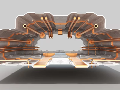 Industrial Equipment With Metal Pipes And Orange Components In Gray Mechanical Structure 3d model