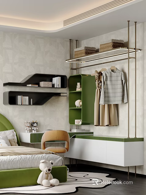 Modern Green Wardrobe Design With Hanging Clothes And Storage Shelves In Bedroom 3d model 