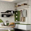 Modern Green Wardrobe Design With Hanging Clothes And Storage Shelves In Bedroom