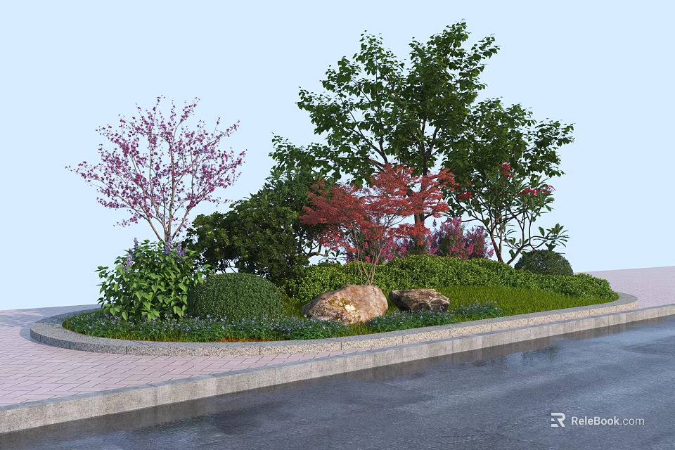 Beautiful Garden Shrubs With Colorful Trees Rocks Green Grass And Paved Area 3d model 