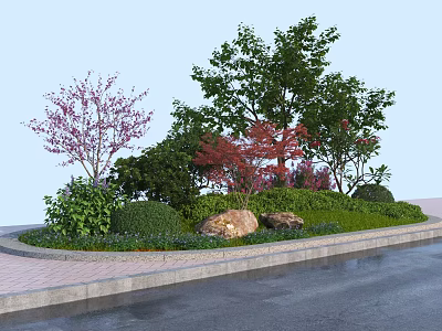 Beautiful Garden Shrubs With Colorful Trees Rocks Green Grass And Paved Area 3d model
