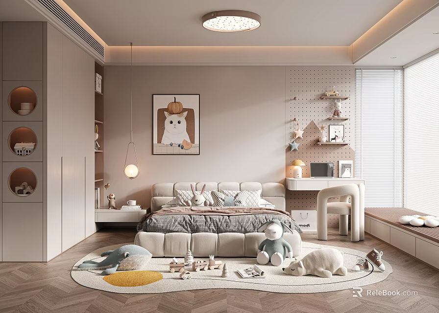 Modern Kids Room Interior With Cozy Bed Stuffed Toys Round Rug Desk And Wall Painting 3d model 