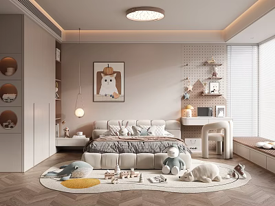 Modern Kids Room Interior With Cozy Bed Stuffed Toys Round Rug Desk And Wall Painting 3d model