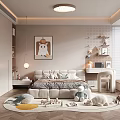 Modern Kids Room Interior With Cozy Bed Stuffed Toys Round Rug Desk And Wall Painting