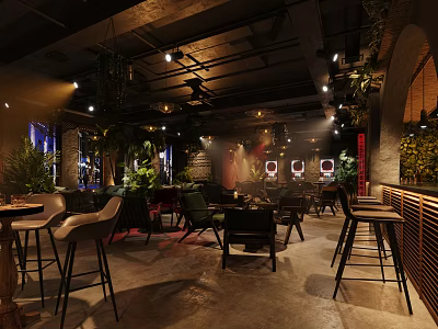 Dark Toned Bar Interior With Various Seating Green Plant Decor Soft Lighting And Wall Murals 3d model