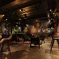Dark Toned Bar Interior With Various Seating Green Plant Decor Soft Lighting And Wall Murals