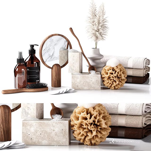 Natural Bathroom Accessories Set With Bottles Mirror Towels Sponge And Wooden Tray 3d model 