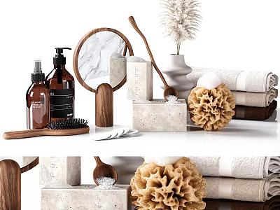 Natural Bathroom Accessories Set With Bottles Mirror Towels Sponge And Wooden Tray 3d model