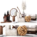 Natural Bathroom Accessories Set With Bottles Mirror Towels Sponge And Wooden Tray