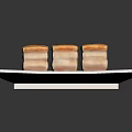Layered Square Pastries with Golden Crust and Red White Layers on White Square Plate