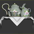 Porcelain Tea Set With Pink Floral Design Teapot Creamer Cup Saucer On White Napkin