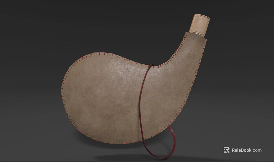 Leather Water Container With Wooden Stopper And Red Strap Stitching Details 3d model 
