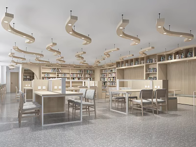 Modern Book Art Interior Design With Wooden Bookshelves And Reading Tables 3d model