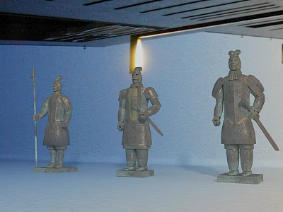 Terracotta Warrior Sculptures Ancient Historical Carved Figures Holding Weapons Standing In Museum 3d model