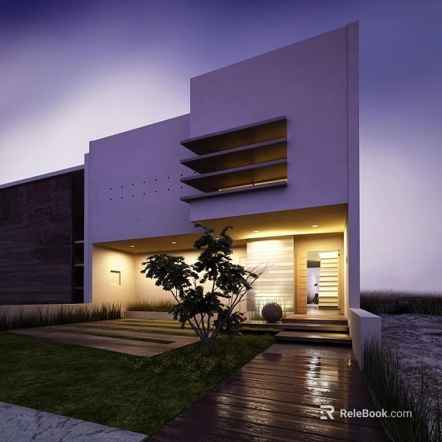 Modern Detached Villa Exterior Design With Courtyard Lawn Glass Windows And Lighting 3d model 