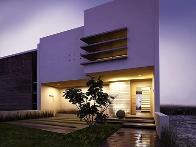 Modern Detached Villa Exterior Design With Courtyard Lawn Glass Windows And Lighting 3d model