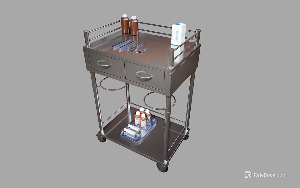 Metal Medical Cart With Drawers Wheels Medicine Bottles And Box On Shelf 3d model 