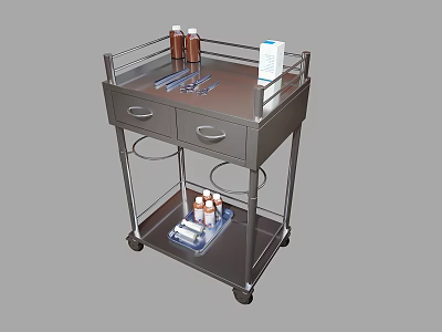 Metal Medical Cart With Drawers Wheels Medicine Bottles And Box On Shelf 3d model