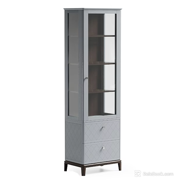 Gray Display Cabinet Shelf with Glass Door Multiple Shelves Bottom Drawers Diamond Pattern Metal Handles 3d model 
