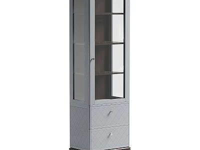 Gray Display Cabinet Shelf with Glass Door Multiple Shelves Bottom Drawers Diamond Pattern Metal Handles 3d model