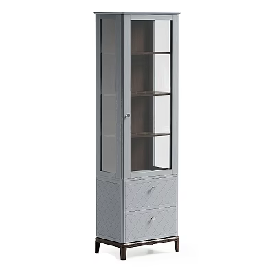 Gray Display Cabinet Shelf with Glass Door Multiple Shelves Bottom Drawers Diamond Pattern Metal Handles 3d model