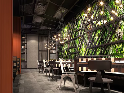 Modern Industrial Restaurant Interior With Green Plant Wall Hanging Lights And Dining Tables 3d model