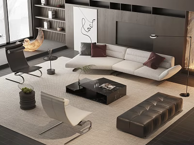 Modern Sofa Coffee Table Set with White L shaped Sofa Black Coffee Table and Living Room Decor Elements 3d model