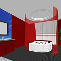 Red Themed Hotel Guest Room With Round Bed White Bedspread Bathtub And Rose Decorations