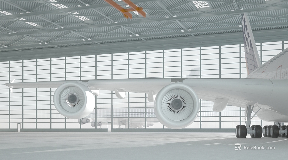 Large Aircraft Engine In Hangar Interior With Glass Windows And Metal Roof 3d model 