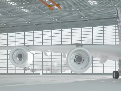 Large Aircraft Engine In Hangar Interior With Glass Windows And Metal Roof 3d model