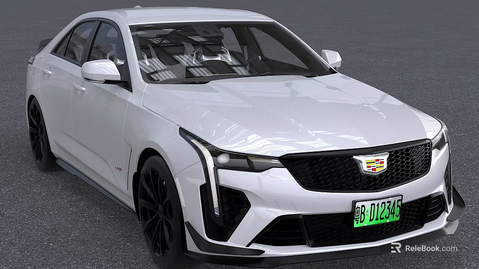 White Cadillac Sedan Front View With Green License Plate And Black Sporty Wheels 3d model 