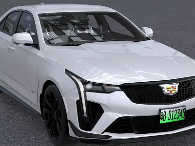 White Cadillac Sedan Front View With Green License Plate And Black Sporty Wheels 3d model
