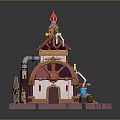 Cartoon Shop Building with Colorful Roof Chimney Decorative Windows Green Bottles Gear Elements on Platform