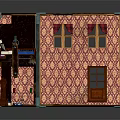 Cartoon Style Dollhouse Box Scene With Two Floors Staircase Windows And Furniture