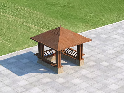 Garden Gazebo With Brown Roof And Benches On Square Paved Floor Against Green Grass 3d model