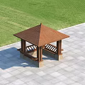 Garden Gazebo With Brown Roof And Benches On Square Paved Floor Against Green Grass