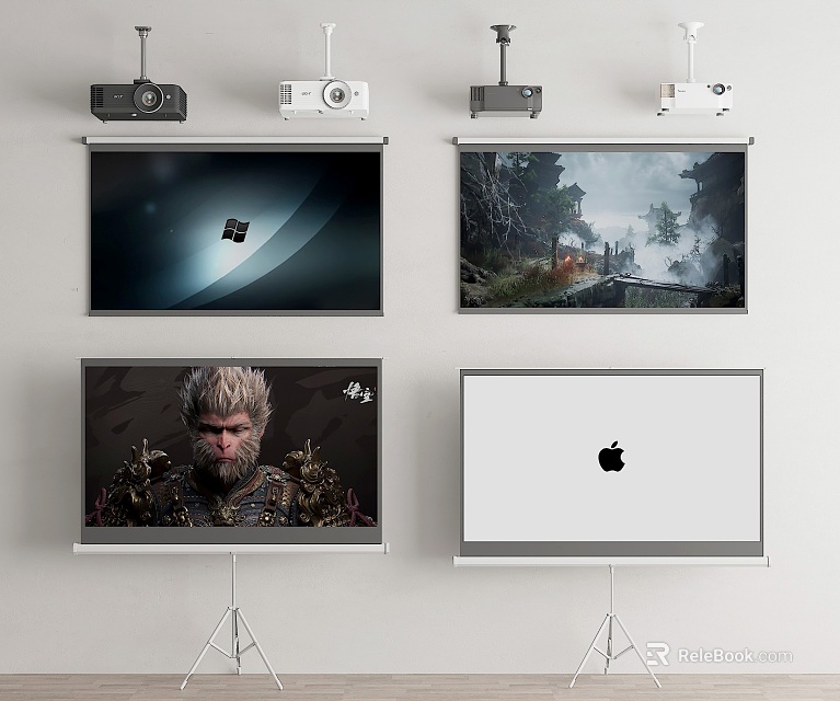 Projection Monitoring with Four Projectors and Projection Screens Displaying Various 3d model 