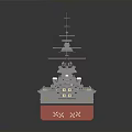 Detailed 3D Model of Battleship with Gray Superstructure Red Hull Turrets and Smokestack on Deck