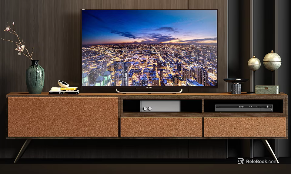 Wooden TV Stand With Drawers Shelves And Decorations Displaying City Night View 3d model 