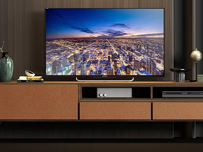 Wooden TV Stand With Drawers Shelves And Decorations Displaying City Night View 3d model