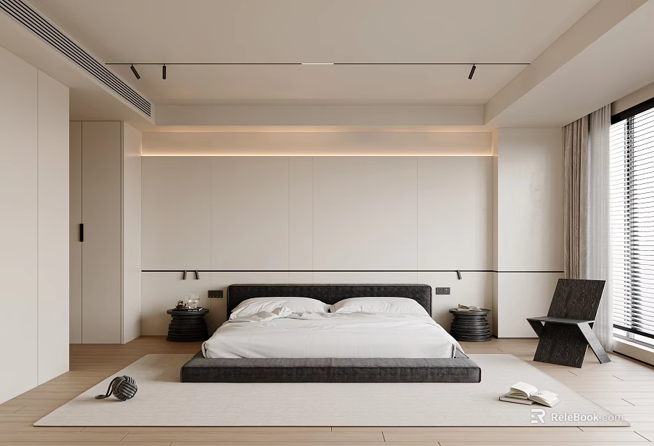 Modern Bedroom Interior With Black Headboard White Bedding Neutral Wall And Accent Chair Area Rug 3d model 