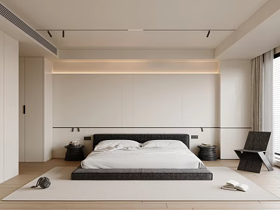 Modern Bedroom Interior With Black Headboard White Bedding Neutral Wall And Accent Chair Area Rug 3d model
