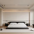 Modern Bedroom Interior With Black Headboard White Bedding Neutral Wall And Accent Chair Area Rug