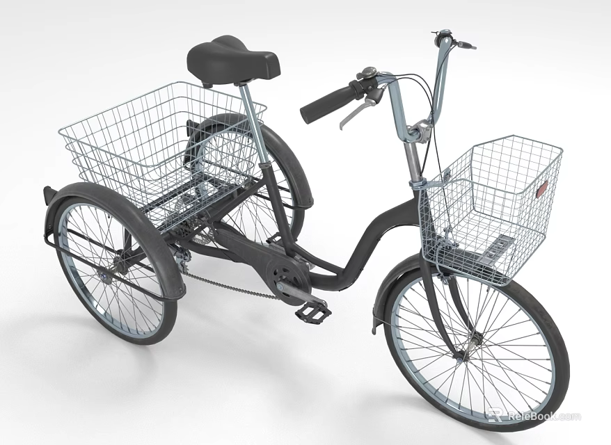 Black Utility Tricycle With Dual Wire Baskets And Spoked Wheels Design 3d model 