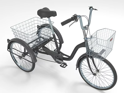 Black Utility Tricycle With Dual Wire Baskets And Spoked Wheels Design 3d model