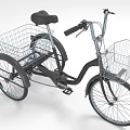 Black Utility Tricycle With Dual Wire Baskets And Spoked Wheels Design