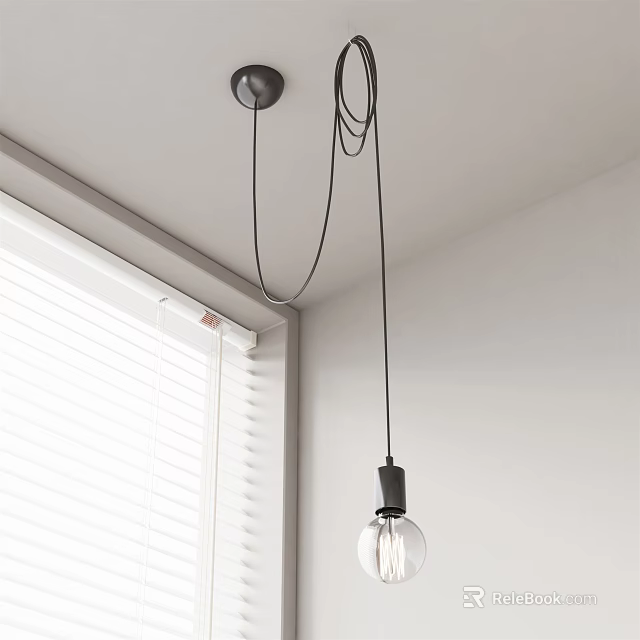 Black Pendant Light Hanging From Ceiling With White Wall And Window Blinds 3d model